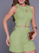2pcs Summer Set with Backless Sleeveless Crop Top and Casual Slim-Fit Shorts