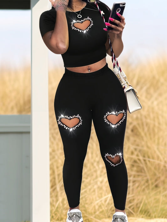 Conjunto de manga curta com estampa de coração e strass em cor sólida