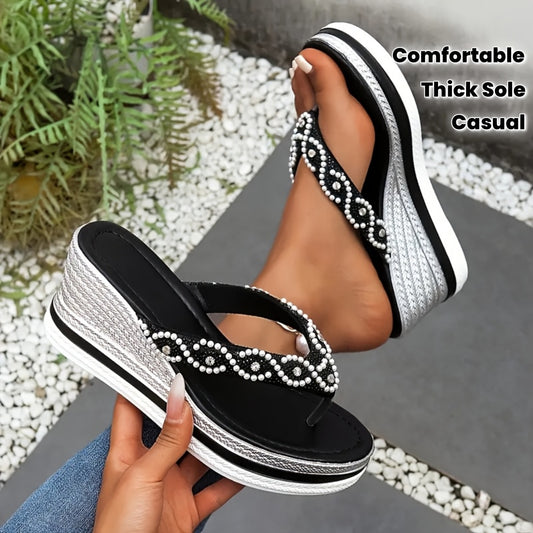 Chinelo feminino de plataforma preto e branco com strass - Antiderrapante, confortável, ideal para o verão, com sola grossa para uso casual na praia | Com strass | Palmilha revestida em material sintético