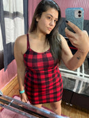 Vestido curto feminino xadrez tubinho de alcinha canelado moda blogueira - FlyStore