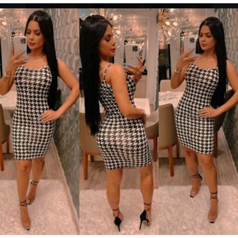 Vestido curto feminino xadrez tubinho de alcinha canelado moda blogueira - FlyStore