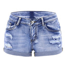 Women's Split Denim Shorts Summer Beach Wild Fashion Sexy Mid Waist Curled Cuff Perforated Elastic Slim Fit Casual Shorts - FlyStore