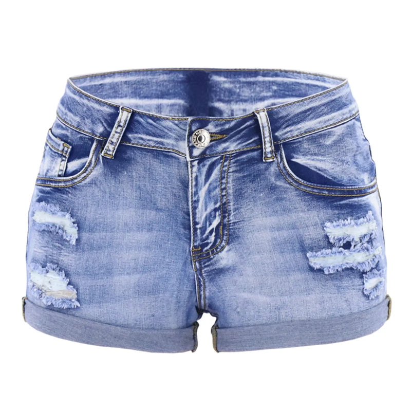 Women's Split Denim Shorts Summer Beach Wild Fashion Sexy Mid Waist Curled Cuff Perforated Elastic Slim Fit Casual Shorts - FlyStore