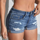 Women's Split Denim Shorts Summer Beach Wild Fashion Sexy Mid Waist Curled Cuff Perforated Elastic Slim Fit Casual Shorts - FlyStore